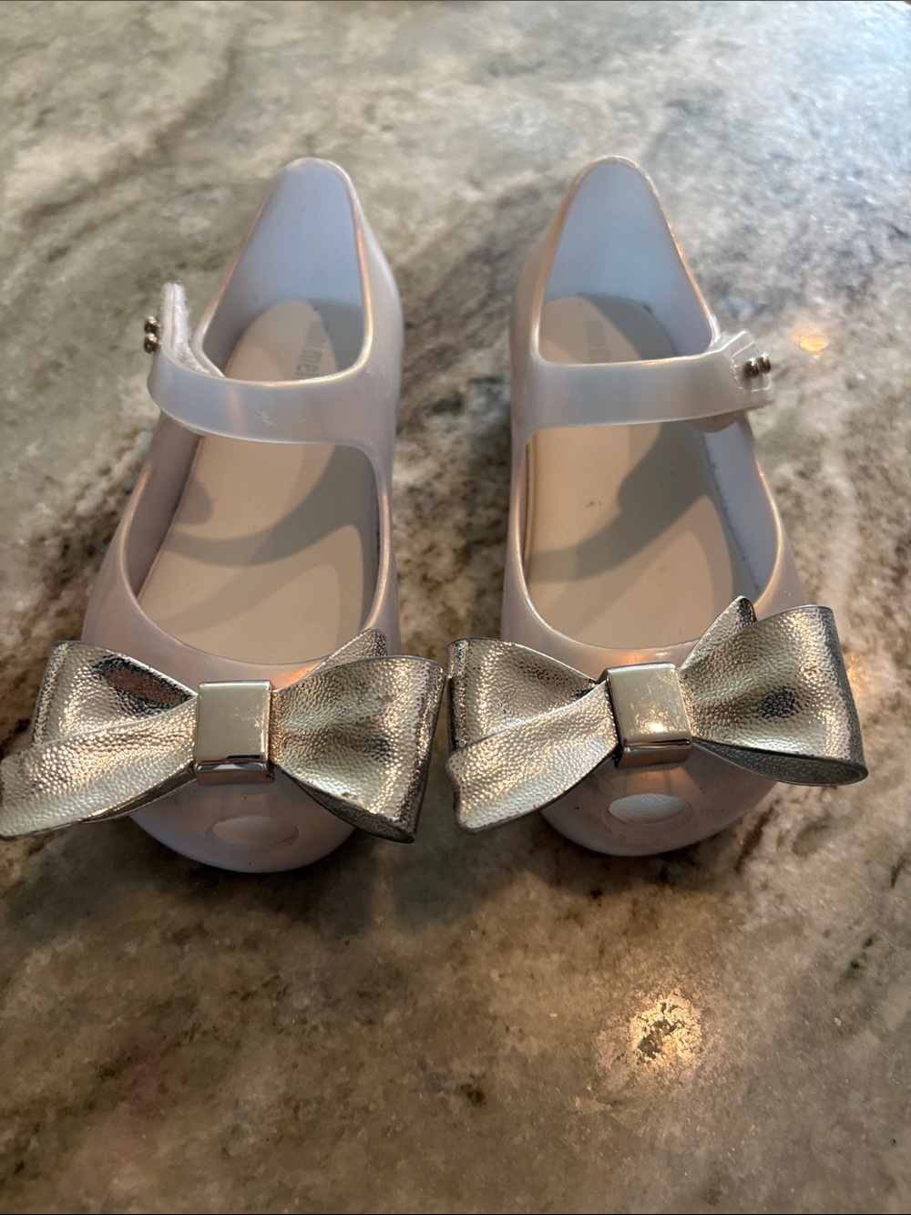 Mini Melissa Girls silver Mary Jane Shoes with Silver Bow